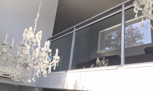 modern interior glass railing, silver